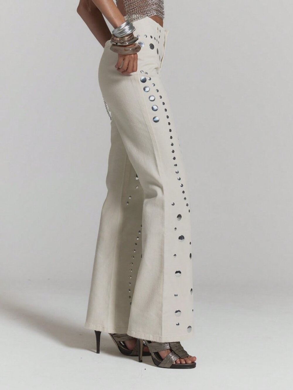 White Sexy Women's Denim Studded Flared Fitted Low Rise Jeans - Picture 3 of 5